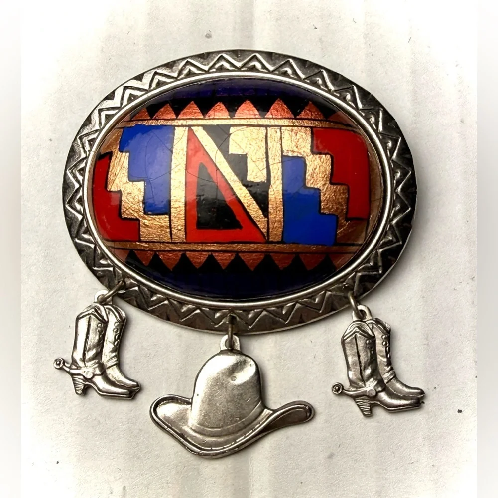 Vintage‎ Oval Native American Design Silver Brooch Pin Cowboy Boots Hat Western